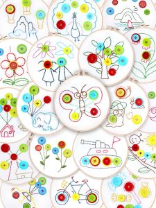 Sewing Button Kindergarten Primary School Students Handmade Labor Class Safety Plastic Needle Kids Handkerchief Embroider DIY Material Package