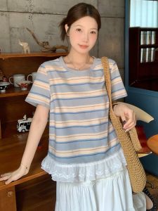 RELNLEX | Áo Thun Sọc Viền Ren cho Phụ Nữ Size Lớn
