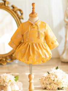 One Year Old Birthday Girl Baby Chinese Style Long Sleeve Cheongsam Birthday Ceremony Clothes Cotton Lined Autumn Winter