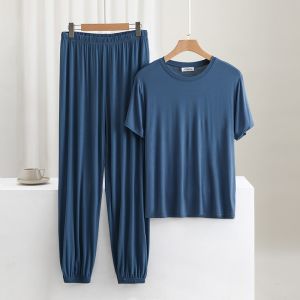 Mens Sleepwear Two-Piece Set Modal round Neck Short Sleeve Long Pants Home Clothes Ice Silk Mid-aged Large Size Comfortable