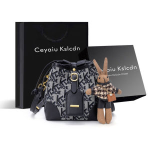 Womens Crossbody Bucket Bag Single Shoulder Handle Rabbit Pendant Retro Style Handbag Soft PU Leather Small Size Fashionable