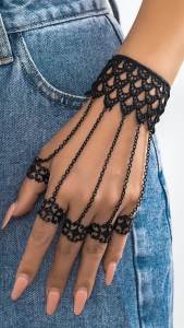 Creative Vintage Black Lace Finger Wrist Chain Rings Bracelets for Women Metal Connecting Hand Harness Bangles Halloween Jewelry