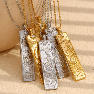 E.B.belle Classic Twelve Zodiac Rectangular Pendant Thin Beaded Chain Necklaces for women trendy womens stainless steel jewelry