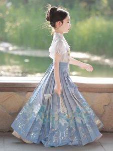 Spring New Style Childrens Hanfu Set Short Sleeve Top And Horse Tailed Skirt Two Piece Set for Girls Traditional Chinese Clothing