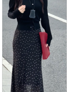 MANMI | Black Dots Elegant French Style Aesthetic Figure Flattering Midi Skirt