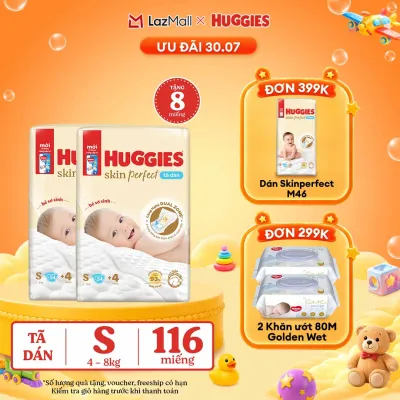 [QUÀ TẶNG ĐƠN 0Đ] Combo 2 Tã/bỉm dán sơ sinh Huggies Skin Perfect S 54 miếng với 2 vùng thấm giảm kích ứng da