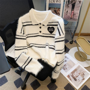 Chic Korean Striped Knitwear Womens Spring Fashion Anti-Aging Turn-down Collar Mink Imitation Loose Fit Long Sleeve Short Length