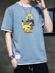 Short Sleeve Mens New Arrival Korean Style False Two-Piece Cartoon Half Sleeve T-Shirt Summer Youth Students Casual Sports Top Fashion