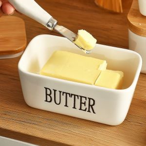 Promo Kotak Penyimpanan Mentega Butter Bahan Keramik Butter Storage Dengan Pisau Oles Dan Tutup Kayu