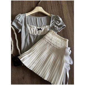 Pure Desire Bé Gái Cake Xếp Ly Váy Ngắn Ren Splicing Có Dây Thắt Lưng Trắng Váy Chữ a Dài Nửa Thân Phong Cách Hàn Quốc Cao Vòng Eo