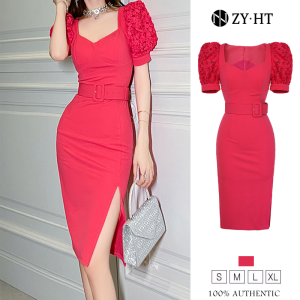 ZY·HT Womens Dress Rose Red Dress Heart Neck Puff Sleeve Dress Evening Dress Sponge Dress French Dress Work Dress High-class Dress Work Dress 20341