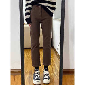 Brown Narrow Version Straight-leg Denim Female Fleece-lined Plus Size Ladies Plus Size Pear-Shaped Figure Thick Leg Width Ankle-Length Cigarette Pants