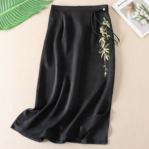 Embossed Texture Acetate Satin Drape Gold Thread Embroider Skirt Womens Elegance Slim Looking Elegant Retro Mid-Length Dress W89