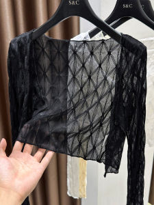 เสื้อคาร์ดิแกนผ้าไหมน้ำแข็งสีดำโปร่งใสสำหรับผู้หญิงในฤดูร้อน พร้อมเสื้อชั้นใน ผ้าโปร่งลายเพชร ผ้าคลุมไหล่ ผ้าคลุมเครื่องปรับอากาศ