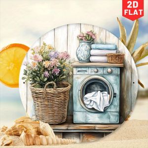 2DRetro Dishwashing Room Wooden Disc Hanging Round Signboard Farmhouse Bathroom Decorative Art Piece Circular Sign Vintage Charm