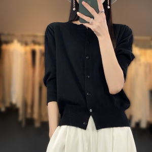 Pure Cotton Knitted Short Sleeve Open Cardigan Womens Short Outerwear Half Sleeve Base T-Shirt High Waist Short Top Spring Summer