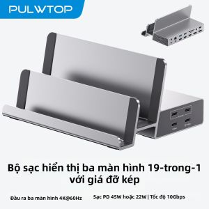 Cổng Kết Nối Ba Màn Hình PULWTOP 3 HDMI 2 DP 45W PD 5 USB C Dành Cho MacBook M1/M2/M3/M4/M5 Windows Chất Liệu Nhôm Đầu Đọc USB-C