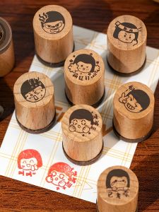 Cute Cartoon round Wooden Stamp Set Small Pattern Student Use Stamp Wood Carving Supplies Journal Stamping Tools Kit