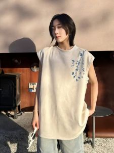 New Chinese Style Bamboo Element Sleeveless T-Shirt Mens Summer Suede Vest Heavy Duty Old Man Shirt Loose Fit round Neck