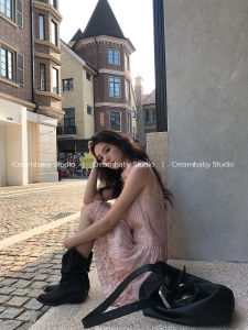 Pink round Neck Sleeveless Vest Dress Creambaby Studio Wooden Edge Skirt Design Sensation Small Audience Commute Style High Waist A-Line Skirt Short Dress