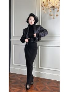 Loismisses Western Casanovafrench Hepburn Style Design Sense Slimming Black Dress High Waist A-Line Skirt Long Sleeve Full Length