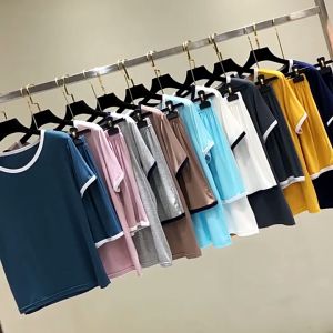 2PCS New Comfortable Pajama Set Womens Thin Home Loose Short Sleeve T-shirt Large Top Shorts Two Piece Set