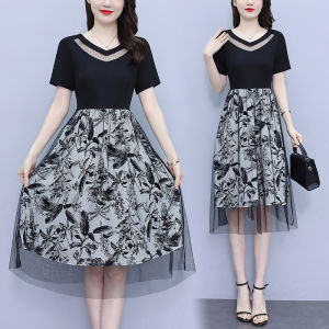 Impression Fashion Women Elegant Plain Color Joint Floral Embroidery V-Neck Short Sleeve High Waist A-line Midi Plus Size Dress