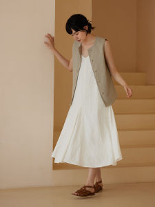 Hacikis Summer Wave Skirt Dress V-neck Slimming Vacation Style Loose Waist Gown Linen Rayon Sleeveless Long Dress