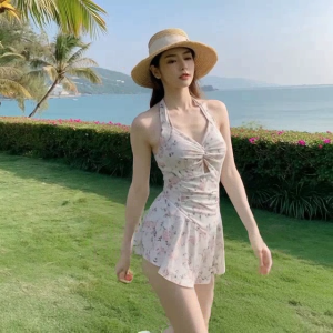 Swimwear women summer advanced sense 2023 new floral one-piece dress pure wind small chest hanging neck