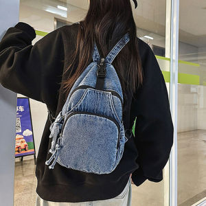 กระเป๋าเป้สะพายหลังผ้ายีนส์ฟอกสีย้อนยุคน้ำหนักเบากระเป๋าสะพายคาดลำตัวแบบพกพากระเป๋าเงินสะพายไหล่ขนาดเล็กปรับสายรัดหน้าอกกระเป๋าเก็บของเดินทางแพคเกจกระเป๋าเป้สะพายหลังผ้ายีนส์แบบลำลอง