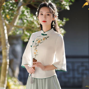 Trang Phục Trà Nghệ Thuật Trung Quốc Phong Cách Mới Mùa Hè Đầm Dài Tay Bồng Cạp Cao Hai Mảnh Trang Phục Làm Việc Phong Cách Nhật Bản