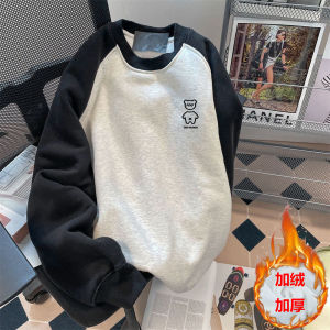 American Retro Shoulder Insertion round Neck Sweatshirt Mens Outerwear Autumn Winter Loose Trendy Brand Fleece Lined Thickened Splicing Top