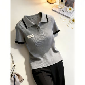 Shalldoer | Luxury Look Slimming Color-blocking Stylish Campus Short Sleeve Knit Top