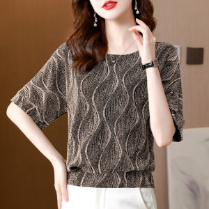 Slimming Mom T-Shirt Womens Mid-Sleeve Loose Beautiful Top Korean Style round Neck Bright Thread Splice Summer Fashion