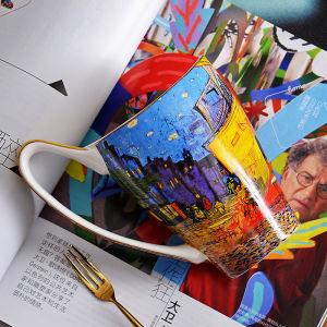 Large Capacity Porcelain Coffee Mug Creative Personalized Artistic Oil Painting Design Home Ceramic Cup European Style Hand-Painted Illustration