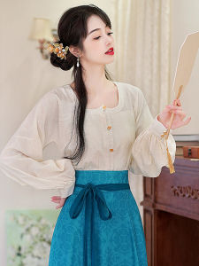 Spring Autumn New Style Long Sleeve Chicken Heart Collar Top Improved Hanfu Elements Matched with Horse Tailed Skirt Womens Shirt