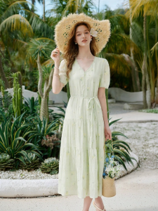 XIANGYING | French Floral Green Womens Dress Summer V-Neck Waist Slimming