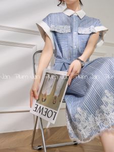 PlumJan | Lace Trimmed Blue and White Striped Shirt Dress with Waist Tie