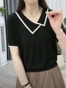 Loose Slim Looking [40.00 Kg-100.00 kg] Lapel Ice Silk Short Sleeve T-shirt Womens Summer Thin Stylish Anti-Aging Top