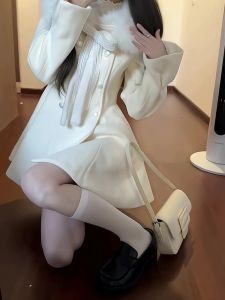 French Style Fancy Classic Style Fashion Elegant Fall and Winter Woolen Tight Waist Dress Fur Collar Stitching Bow Skirt