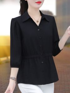 เสื้อเชิ้ตผ้าชีฟองแขนสั้นสำหรับผู้หญิง TUCANO ฤดูร้อน 2025 แฟชั่นใหม่ แขนยาว 7 นิ้ว ทรงสลิมฟิต ปกโปโล สีพื้น