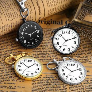 Portable Quartz Pocket Watch Keychain Student Nurse Timepiece Classic Retro Style Metal Band round Face Pointer Display