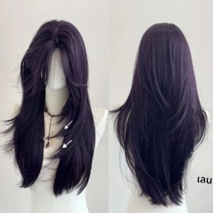 Ashley Dark วิกผมสีม่วงหญิง 22 นิ้วผมยาวผ้าม่าน Bangs Layered ธรรมชาติตรงผมคอสเพลย์วิกผมสังเคราะห์ Lolita Perruque