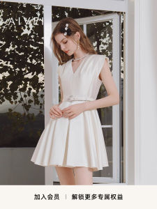 Aivei Summer New French Style Tea Break Simple V-neck Dress Madeleine Estate High Waist Pleated Short Skirt Polyester Fiber