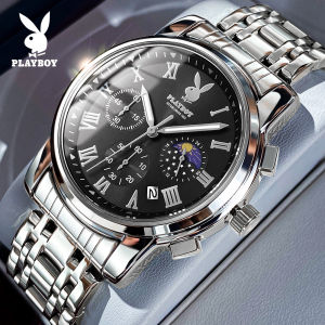 PLAYBOY Mens Waterproof Original Genuine Multifunctional Quartz Dial Calendar Chronograph Luxury Mens Stainless Steel Strap Watch