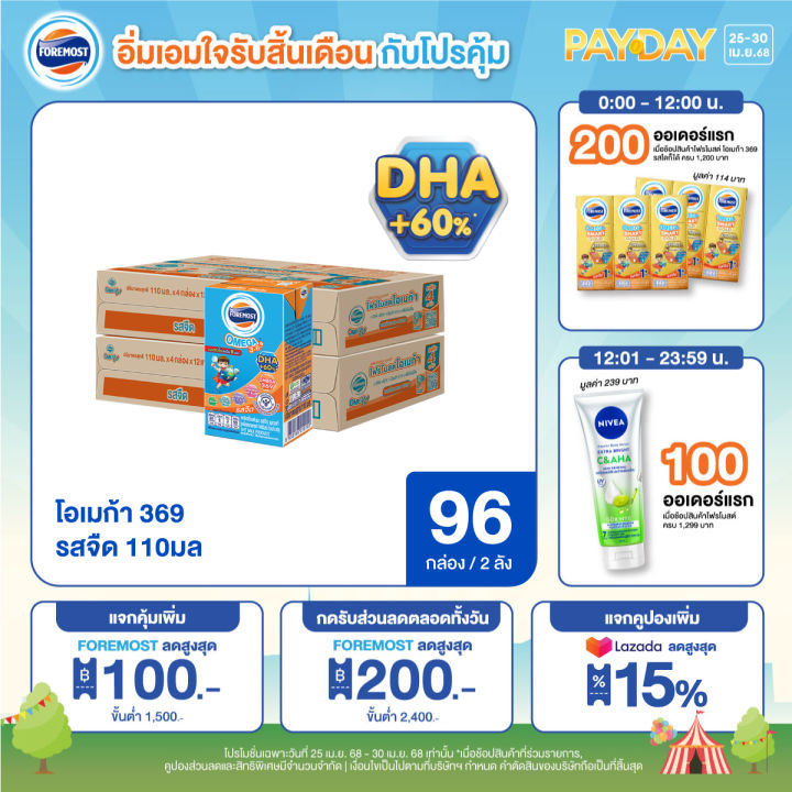 [ขายยกลังx2] โฟร์โมสต์ โอเมก้า 369 รสจืด 110มล (48กล่อง/ลัง) Foremost Omega 369 Plain 110ml (นมกล่องUHT)