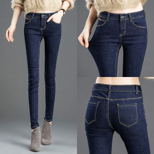 High Waist Fleece Lined Slim Fit Jeans Womens Deep Blue Nine Point Pants Long Korean Style Cotton Stretch Denim