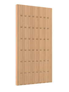 Wooden wall hook rack with slatted design for hanging bags and hats. Fits in entryway or hallway. Displayed in a home setting with a door and light fixture
