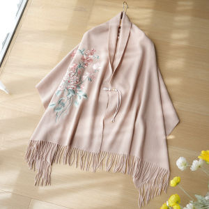 Elegant Embroidered Woolen Shawl Butterfly Ball Design Button Detail Chinese Style Womens Scarf Warmth Adding Cover up for Autumn Winter