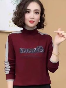 Trendy Stitching Dralon Half-High Collar Long Sleeves Tops Female Fall and Winter New Arrival Fashion Mom Loose Slim Looking Undershirt